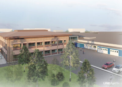 Rendering som visar tegelutbyggnaden vid Dragonskolans norra entré.