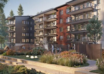 Rendering av Glöd, ett femvåningshus med moderna, rymliga lägenheter med balkonger och en välkomnande utomhusarea för gemenskap och avkoppling.