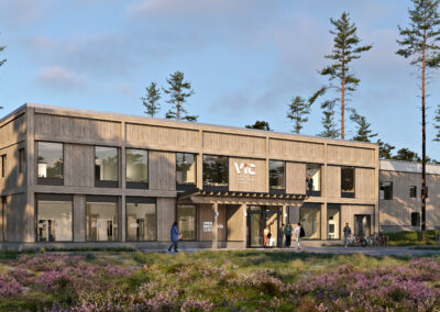 Renderad bild av planerade Vindeln Innovation Center, en modern träbyggnad i tallskog.