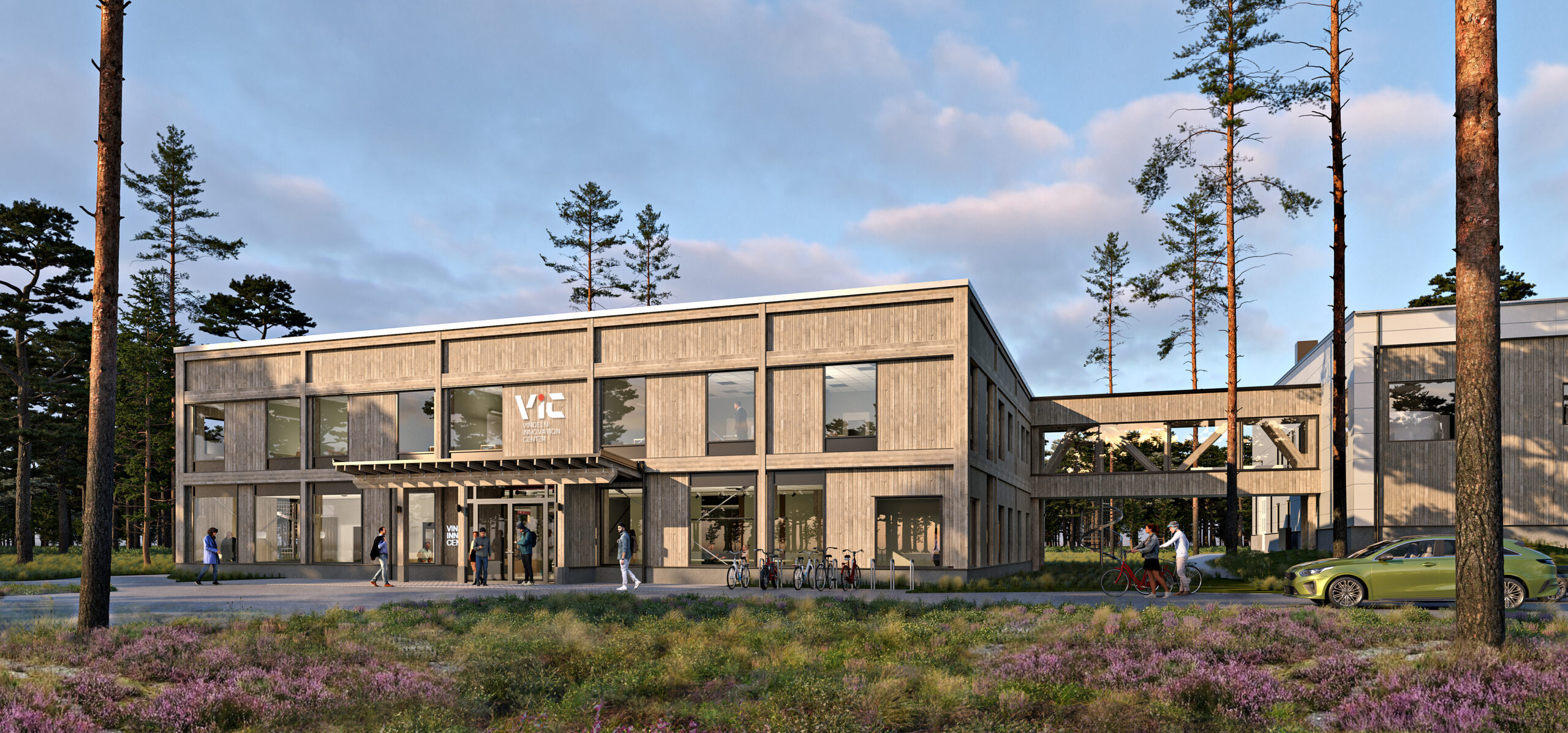 Renderad bild av planerade Vindeln Innovation Center, en modern träbyggnad i tallskog.