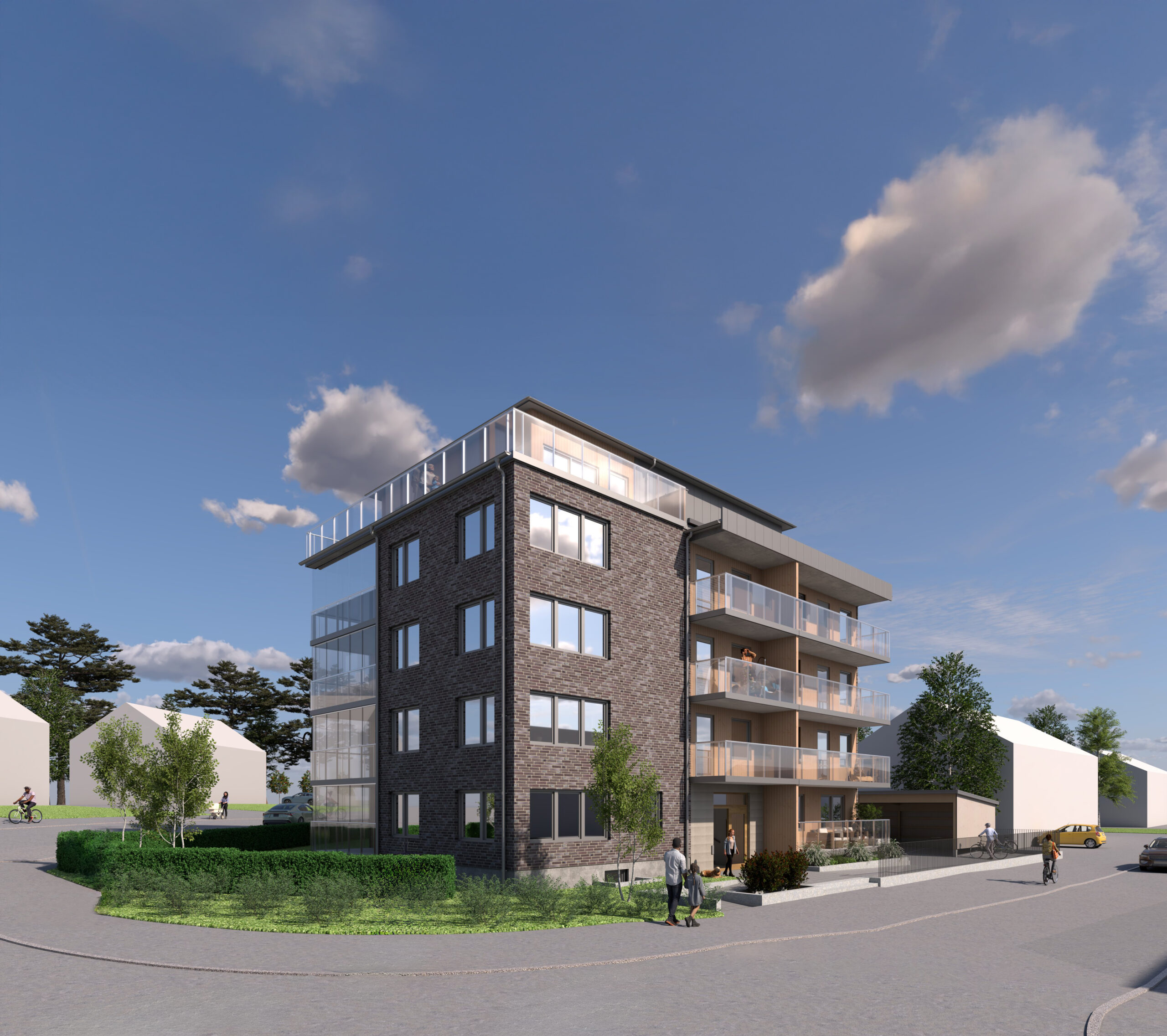 Renderad bild av ett modernt femvånings bostadshus med stora balkonger.