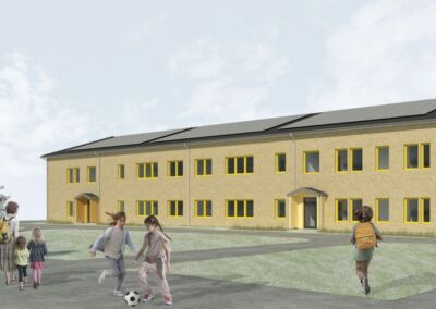 Rendering av Hedlundaskolan efter ny och ombyggnad med trästomme, återbrukat tegel och barn som leker på skolgården.