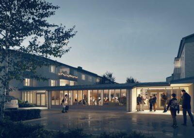 Rendering av lägenhetsdel i ett seniorboende med tegel­fasad och människor som vistas utomhus i kvällsmiljö.