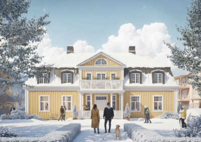 Rendering av ett seniorboende i trä med klassisk fasad, människor och en hund på gårdsplanen vintertid.